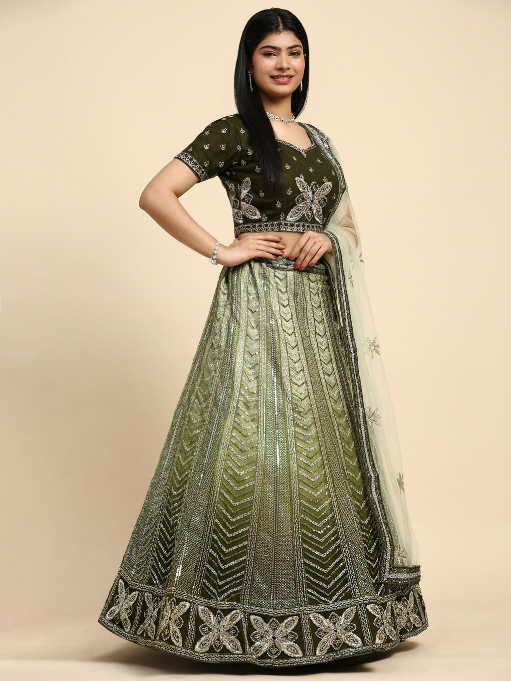 Green Fancy Net Sequence Embroidered Lehenga Choli with Dupatta - Dhara