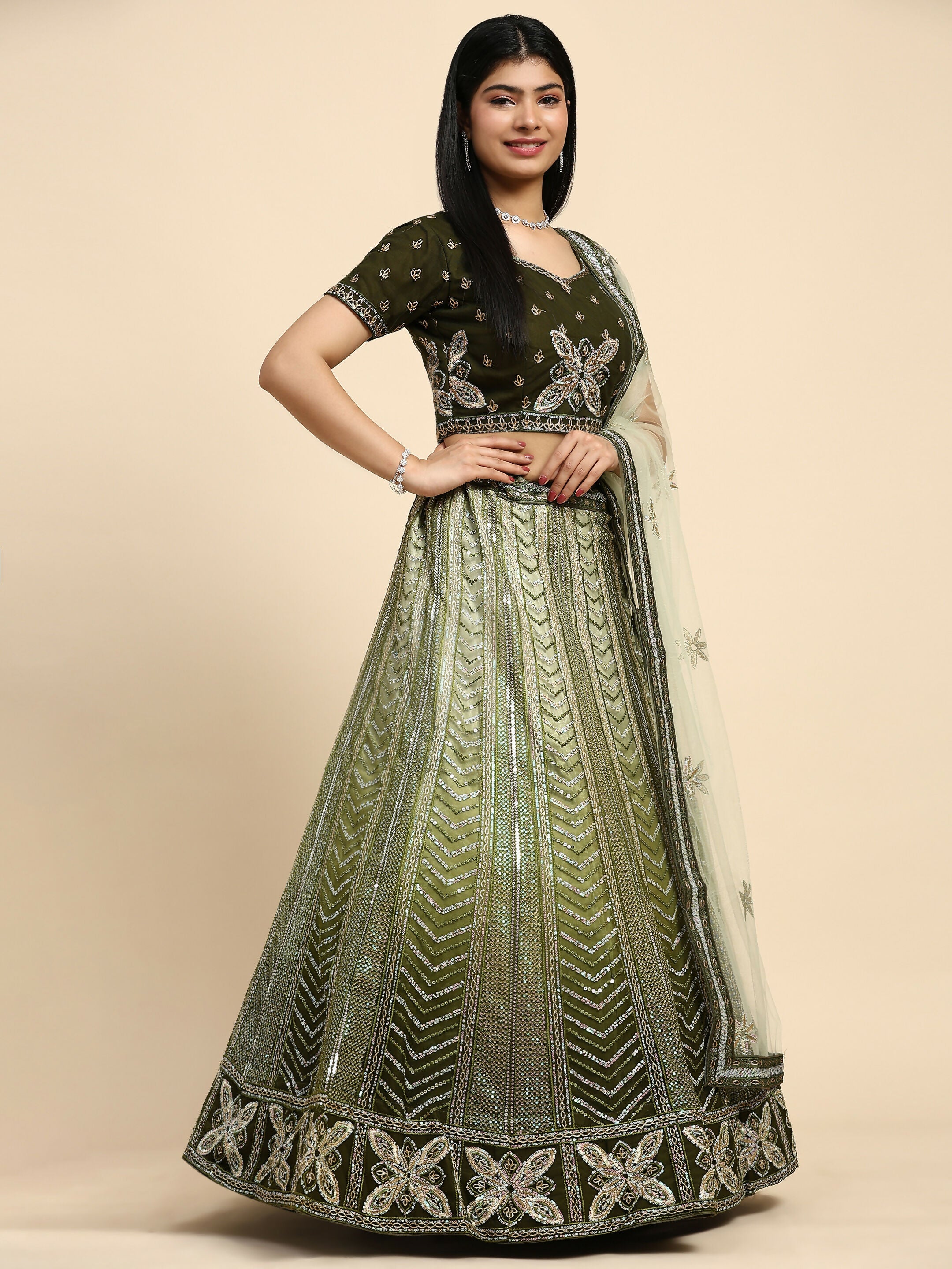Green Fancy Net Sequence Embroidered Lehenga Choli with Dupatta - Dhara