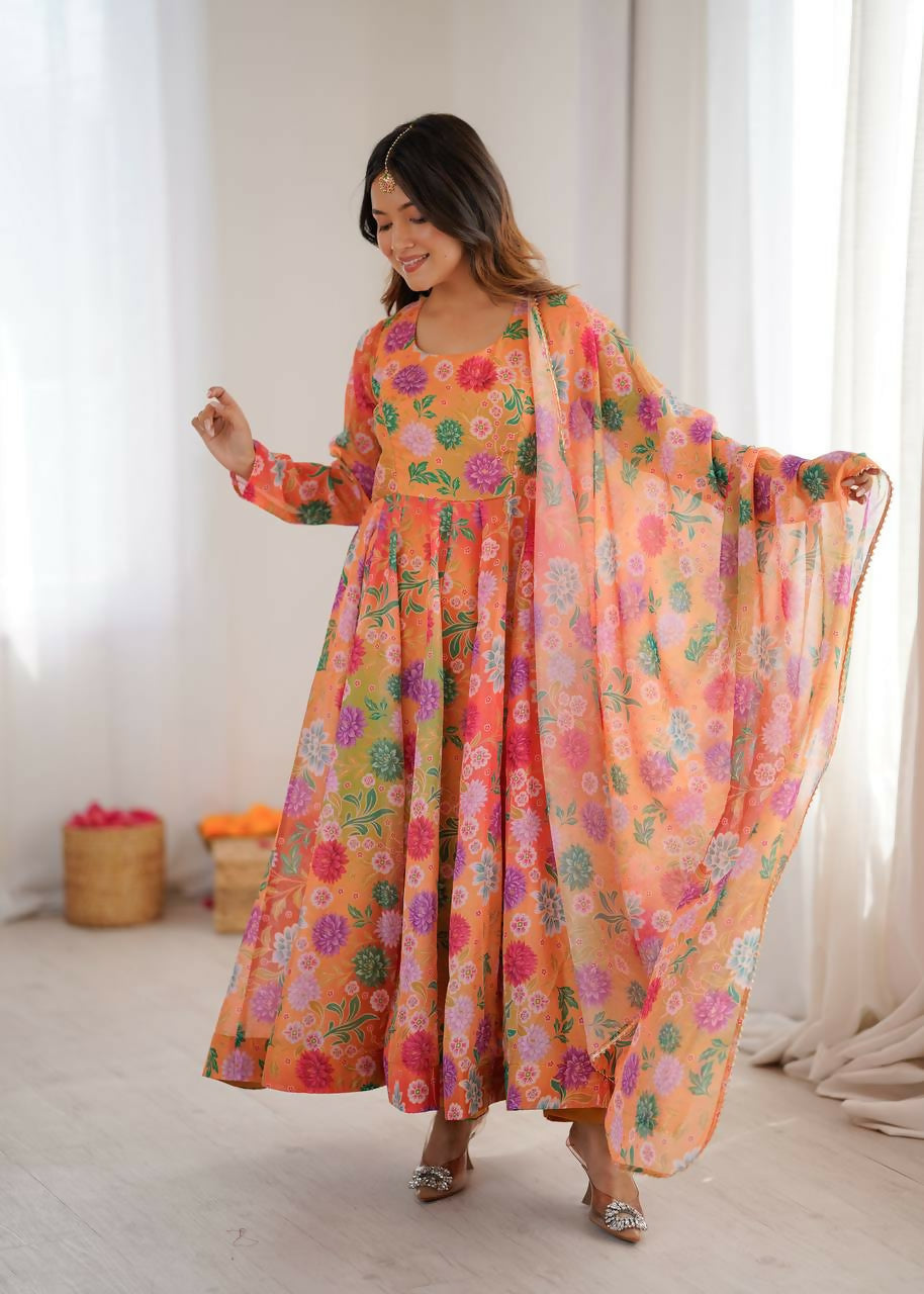 Teeya Creation Orange Soft Organza Digital Printed Party Wear Long Gown - Distacart
