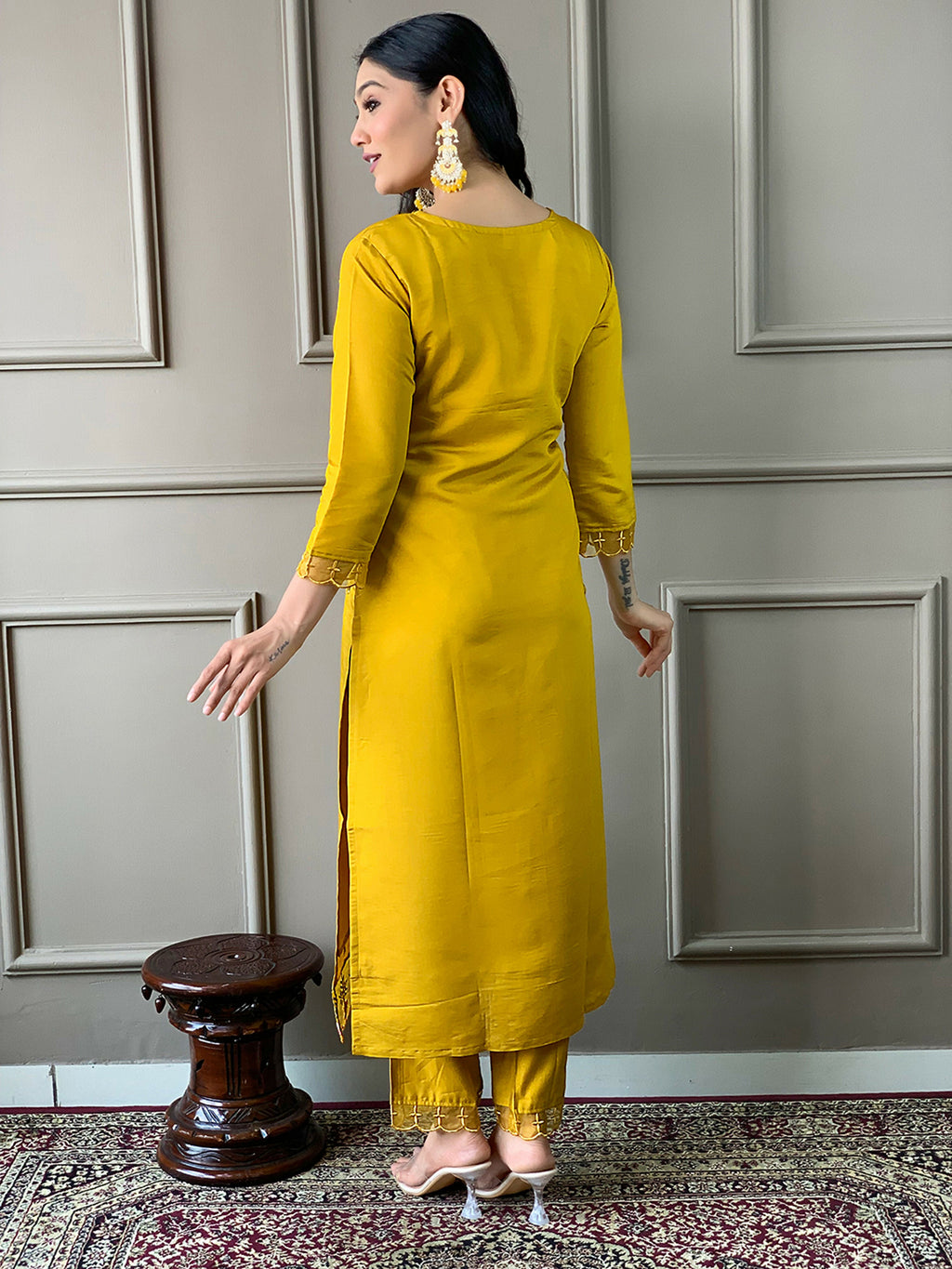 Partywear Designer Chanderi Mustard Stitched Suit With Dupatta - Tanisha