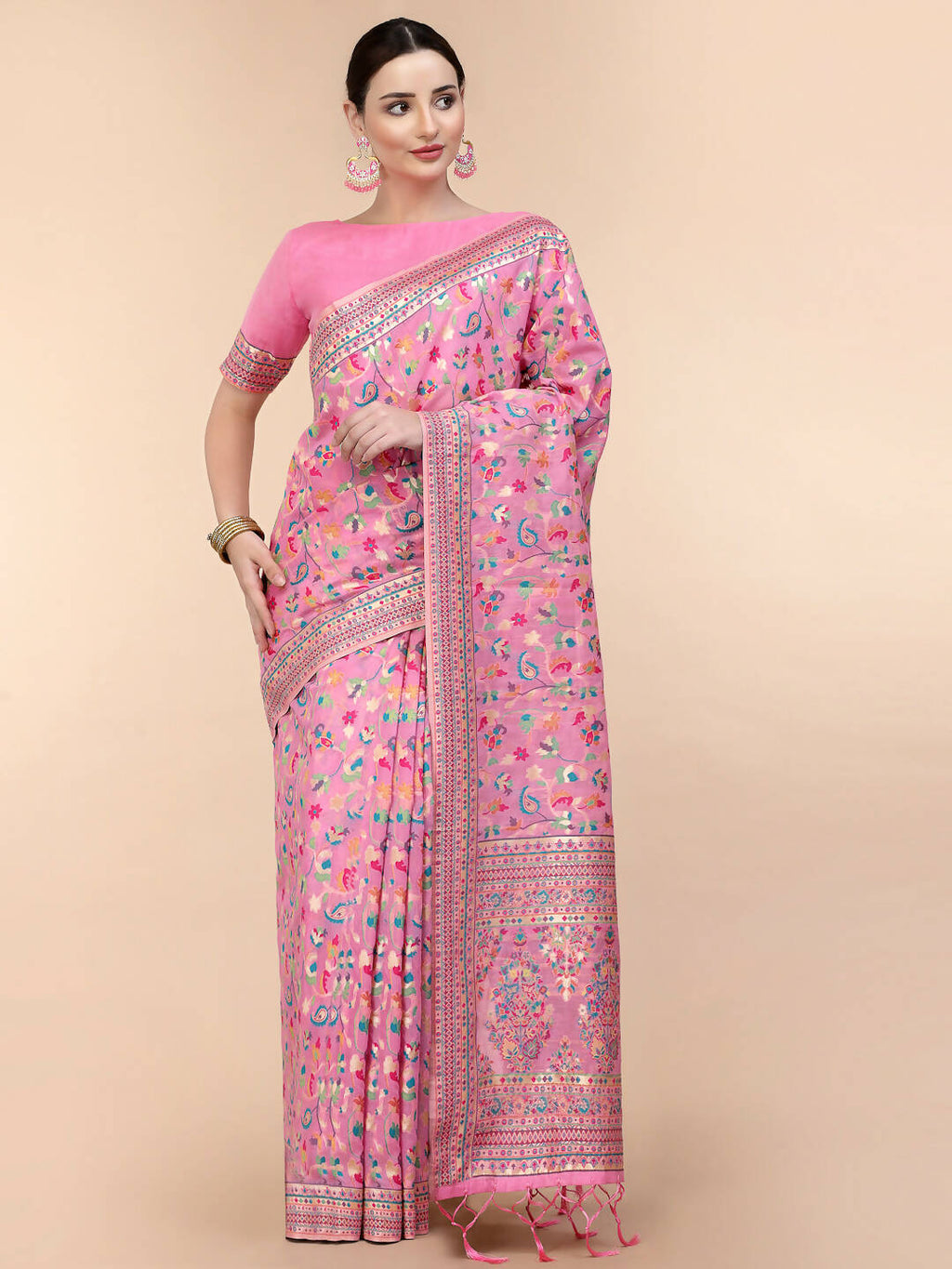 Pink Silk Blend Woven Design Saree With Unstitched Blouse Piece - Aloki