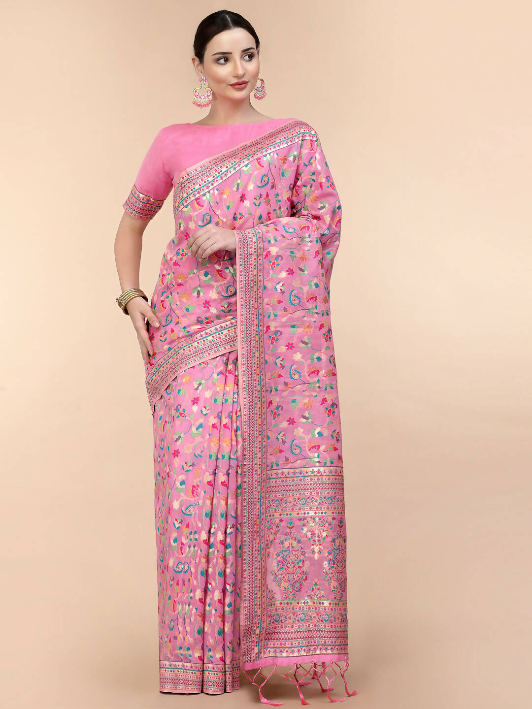 Pink Silk Blend Woven Design Saree With Unstitched Blouse Piece - Aloki