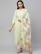 Myshka Green Embroidered 3/4 Sleeve V Neck Kurta Pant Dupatta Set - Distacart
