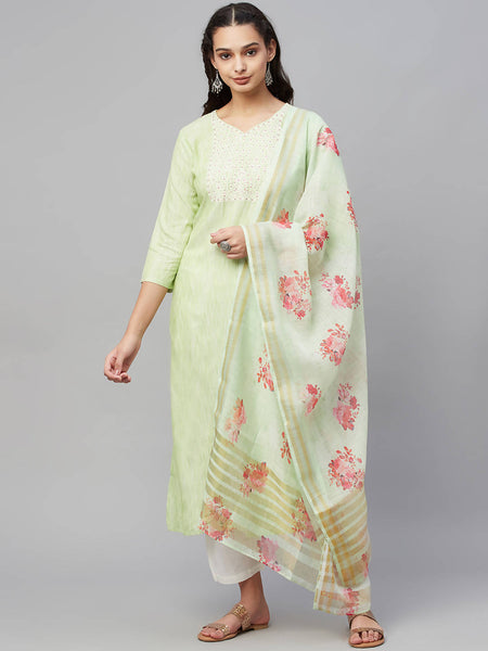 Myshka Green Embroidered 3/4 Sleeve V Neck Kurta Pant Dupatta Set