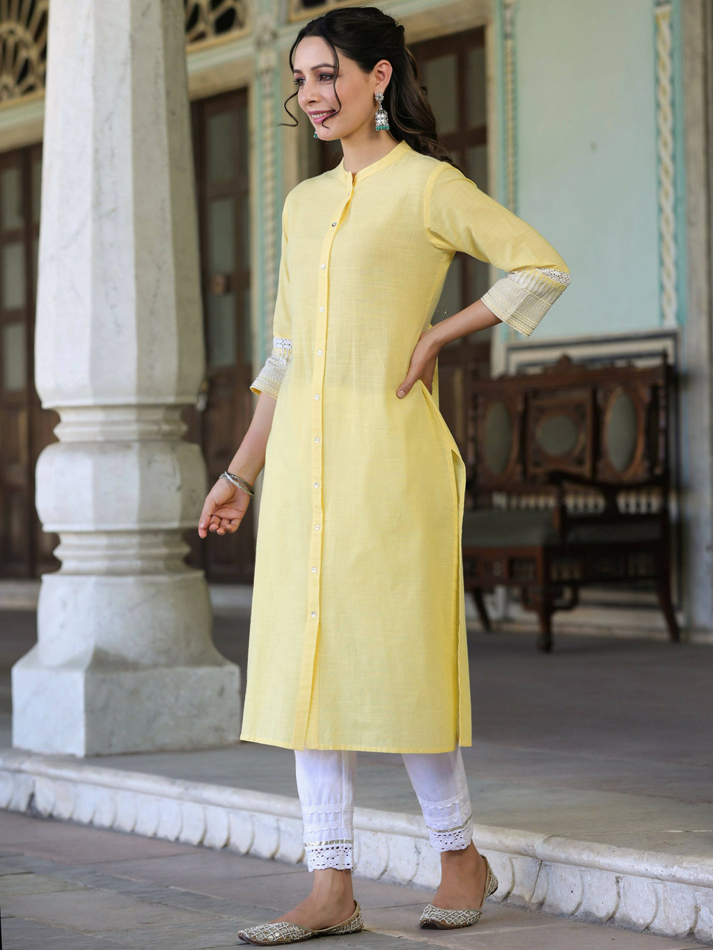 Juniper Women's Yellow Cotton Slub Embroidered Straight Kurta - Distacart