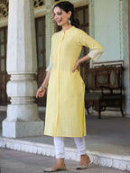 Juniper Women's Yellow Cotton Slub Embroidered Straight Kurta - Distacart