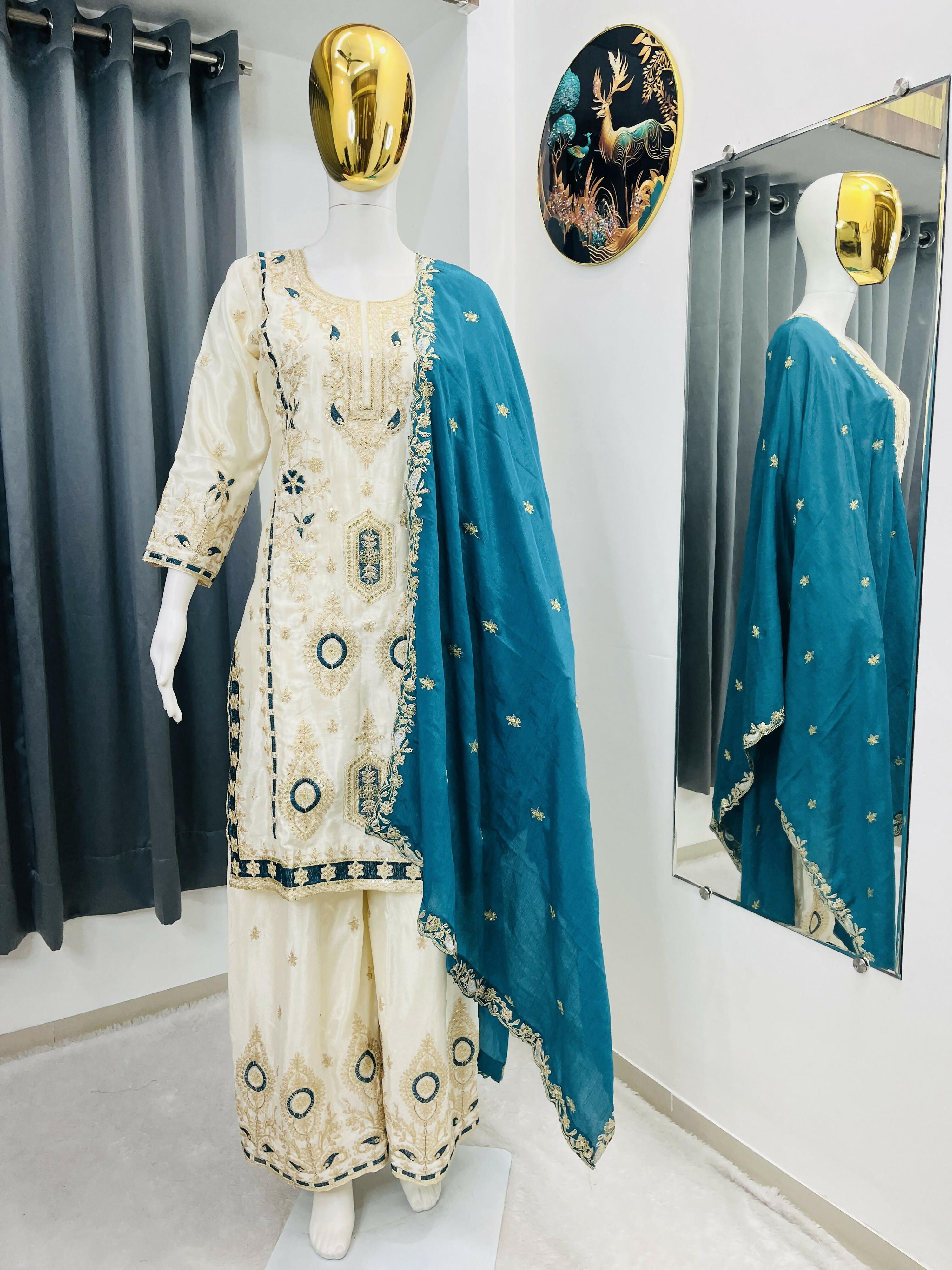 Teeya Creation White Color Chinon Silk Party Wear Trending Palazzo Set - Distacart