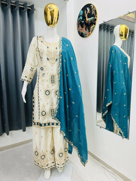 Teeya Creation White Color Chinon Silk Party Wear Trending Palazzo Set