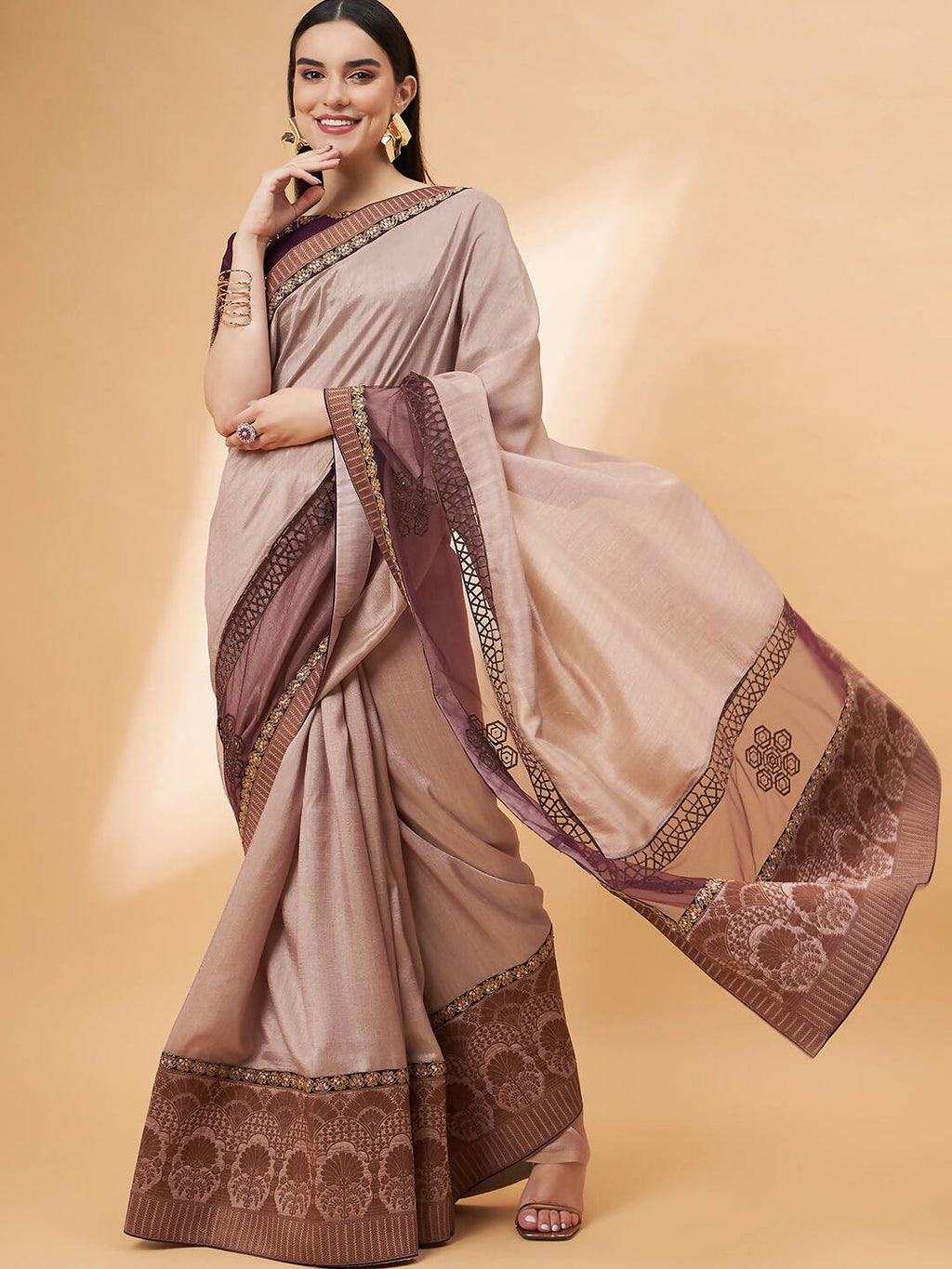 Beige, Purple Tussar Silk Zari, Thread And Cord Embroidery, Laser Cut Applique Saree - Norita Hit Design