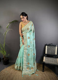 Joban Fashion Sky Blue Handloom Banarasi Organza Silk Khatali Butta Work Saree - Distacart