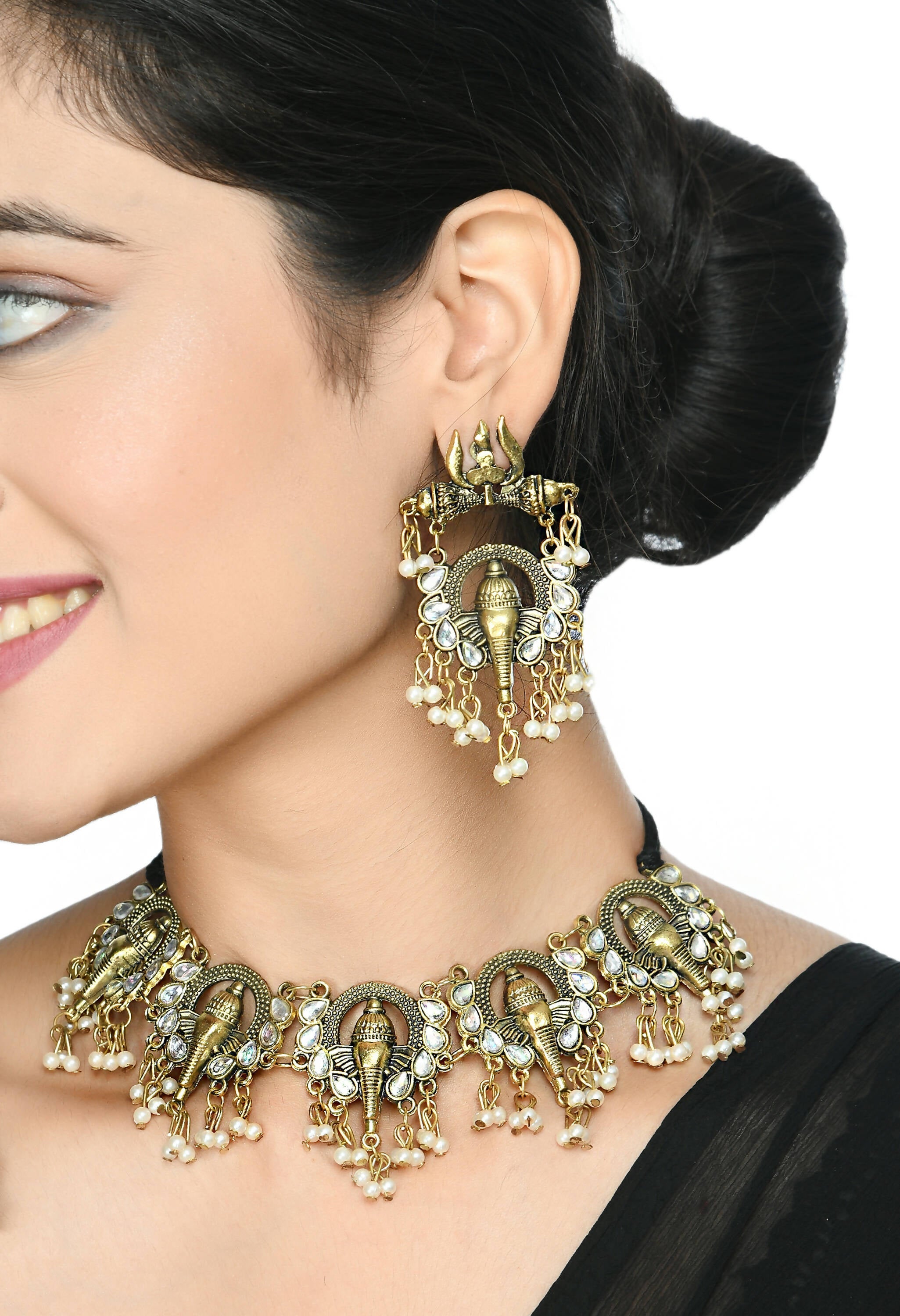 Mominos Fashion Johar Kamal Oxidised Gold-Plated Ganesha Design Necklace Choker Set - Distacart