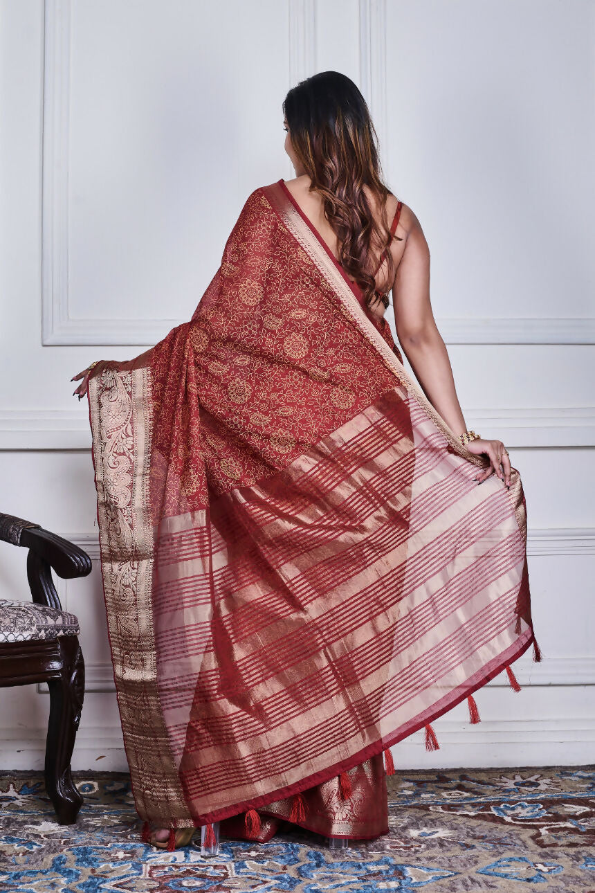 Morchari Maroon Script Printed Orzanga Saree Unstitched Blouse - Distacart