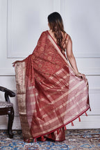 Morchari Maroon Script Printed Orzanga Saree Unstitched Blouse - Distacart