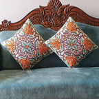 The Decor Nook Hand Embroidered Crewel Cushion Covers in Mustard & Chinar Leaf Motif with Teal Green Leaves