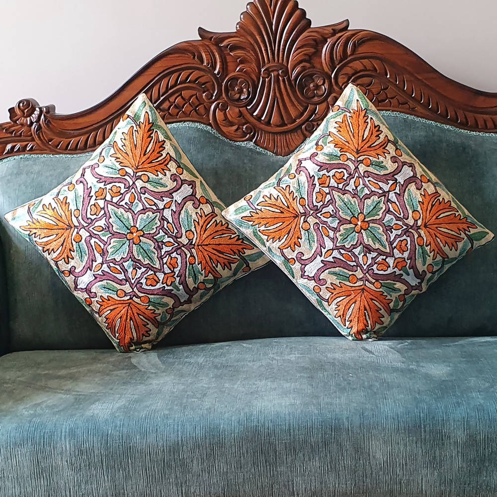 The Decor Nook Hand Embroidered Crewel Cushion Covers in Mustard & Chinar Leaf Motif with Teal Green Leaves