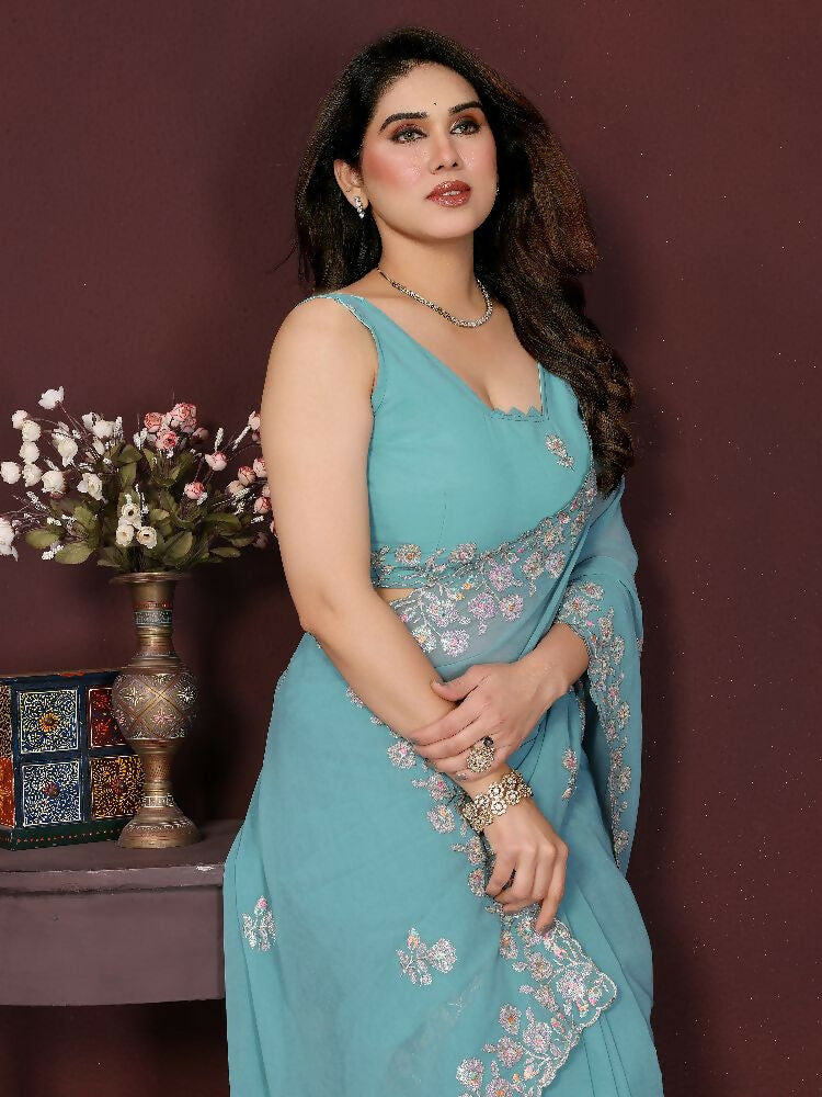 PR Fashion Turquoise Georgette Embroidery Work With Embroidery Work Blouse Saree