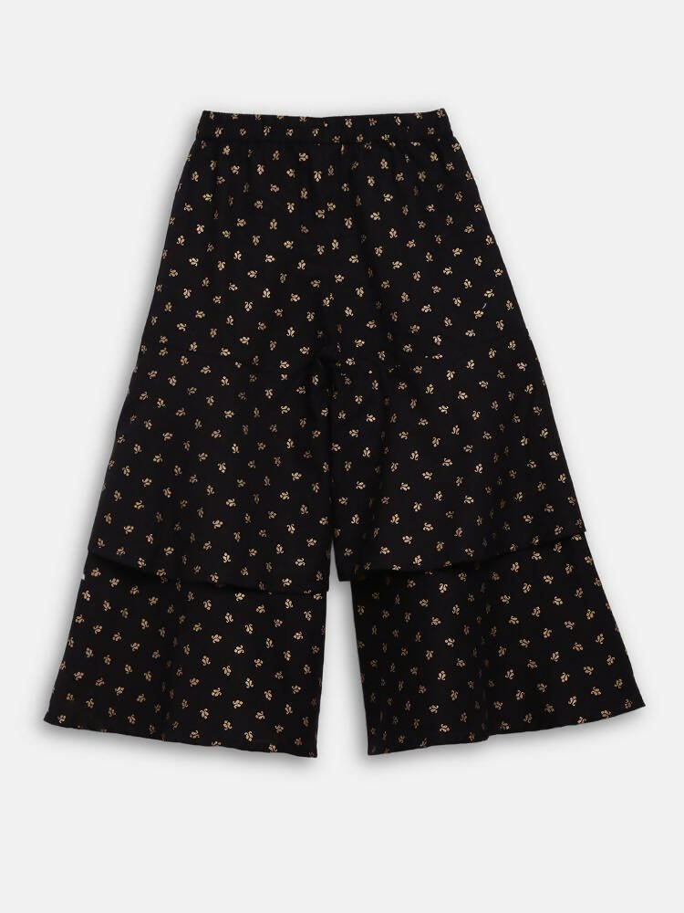 Ahalyaa Black Cotton Gold Print Kids Kurta Sharara Sets For Girls