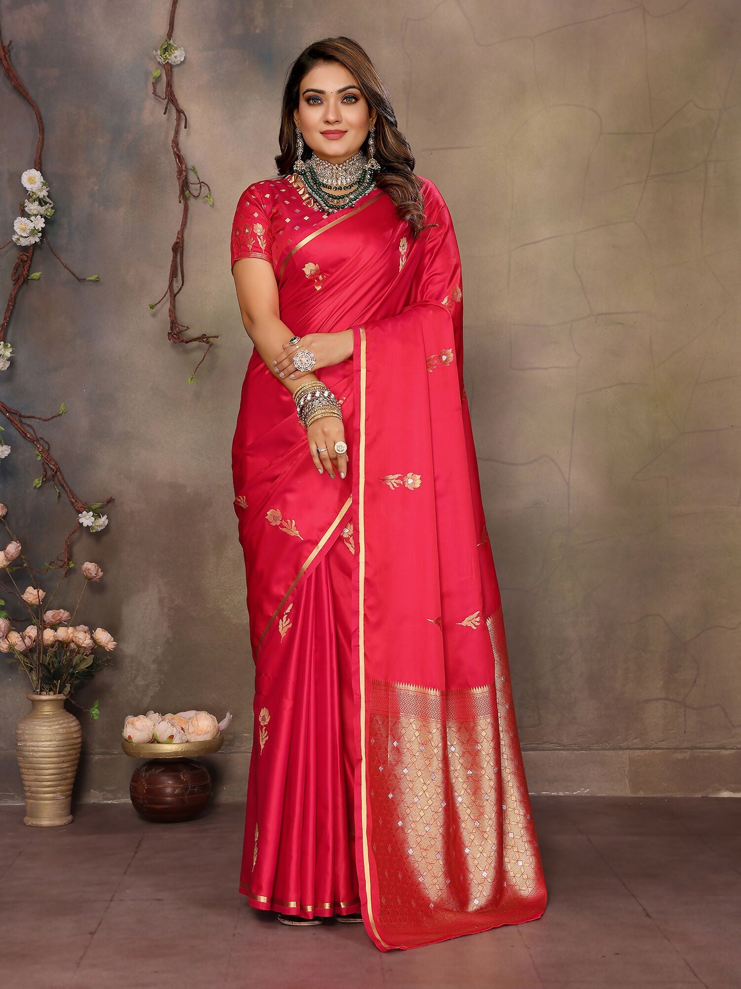 Joban Fashion  Brick Red Floral & Botanical Motifs Satin Silk Banarasi Silk Saree - Distacart