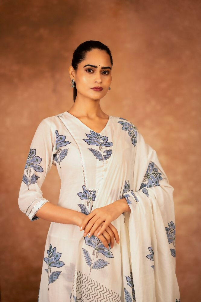 Joban Fashion Off White Blue Hand Block Printed Cotton Suit Set - Distacart