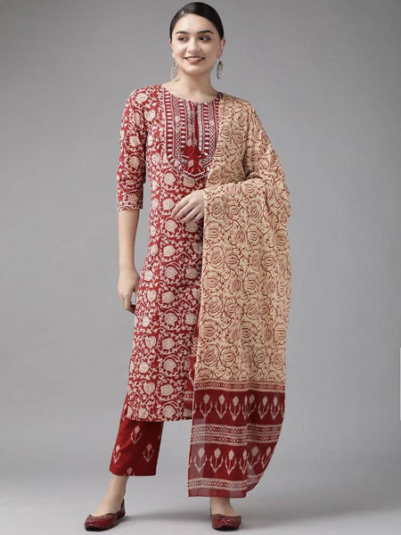 Yufta Maroon & Beige Ethnic Motifs Screen Print Cotton Straight Kurta Palazzo & Dupatta