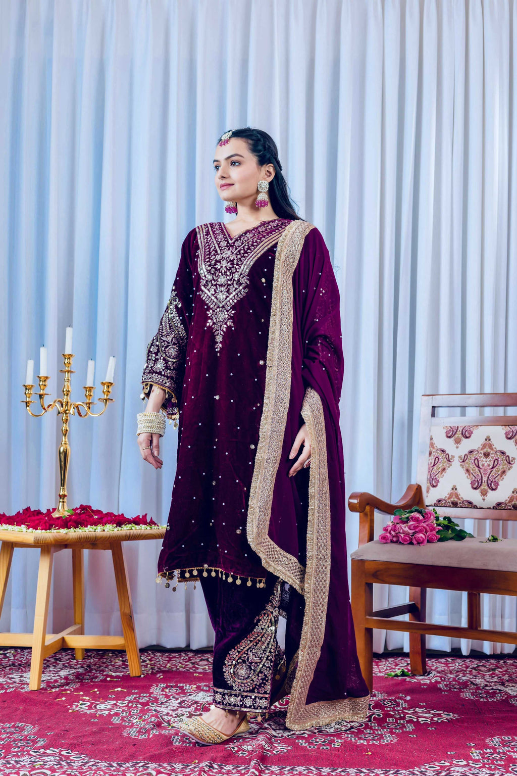 Joban Fashion deep Plum Velvet Embroidery Kurta Set - Distacart