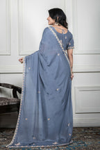 Morchari Grey Chiffon Hand Embroidery Saree And Stitched Blouse - Distacart