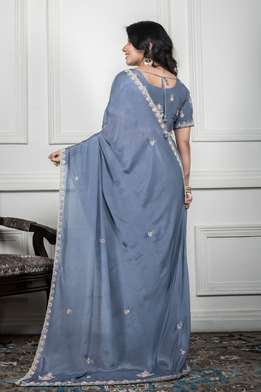 Morchari Grey Chiffon Hand Embroidery Saree And Stitched Blouse - Distacart