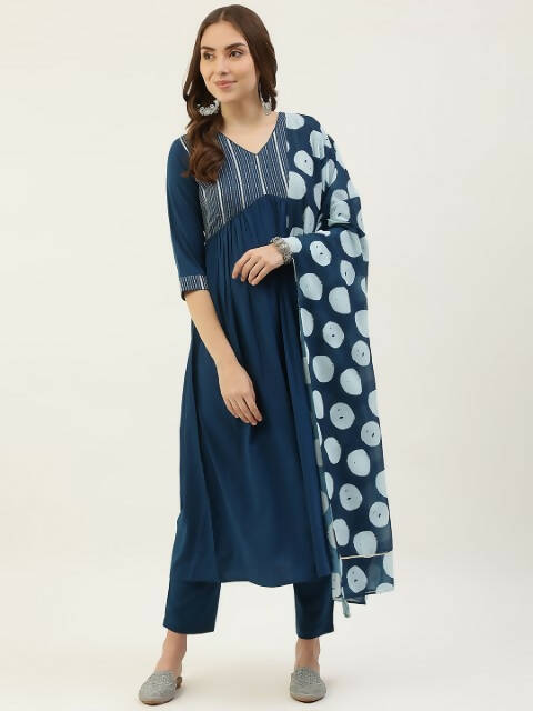 FIORRA Women's Turquise Poly Crepe Straight Kurta Pant With Dupatta