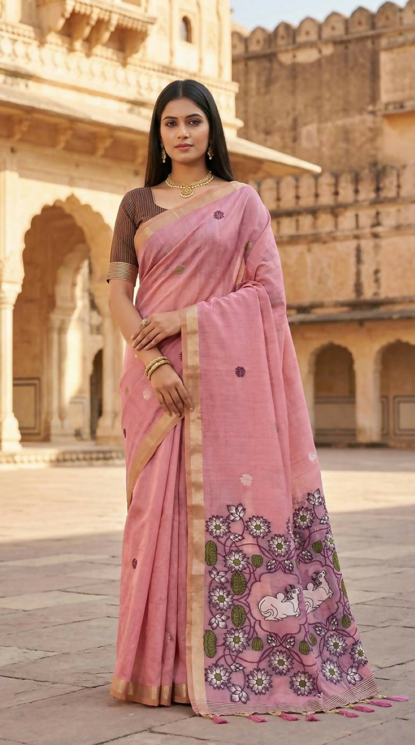 Vastranavya Pink Muga Cotton Meenakari & Azarakh Pallu Saree with Contrast Blouse - Distacart