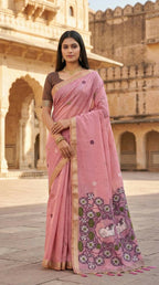 Vastranavya Pink Muga Cotton Meenakari & Azarakh Pallu Saree with Contrast Blouse - Distacart