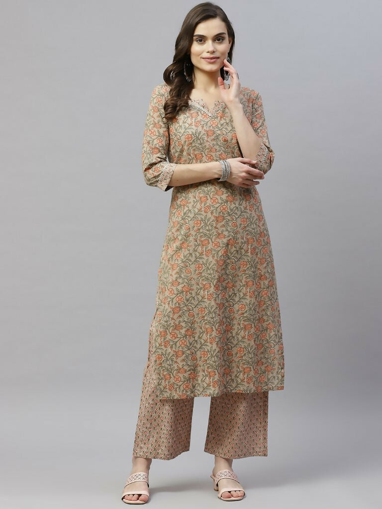 Miravan Women's Pure Cotton Printed Straight Kurta And Palazzo