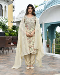 Vaasva Women's Cream Tissue Embroidered Suit Set With Solid Pant And Embroidered Dupatta