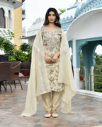 Vaasva Women's Cream Tissue Embroidered Suit Set With Solid Pant And Embroidered Dupatta