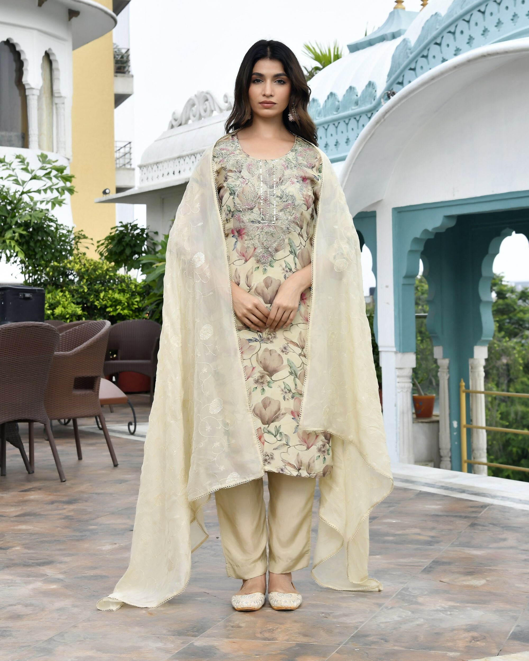 Vaasva Women's Cream Tissue Embroidered Suit Set With Solid Pant And Embroidered Dupatta