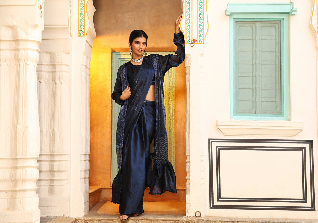 Navy Blue Tom Silk Plain Ready To Wear Saree With Stitched Blouse - Satiksha