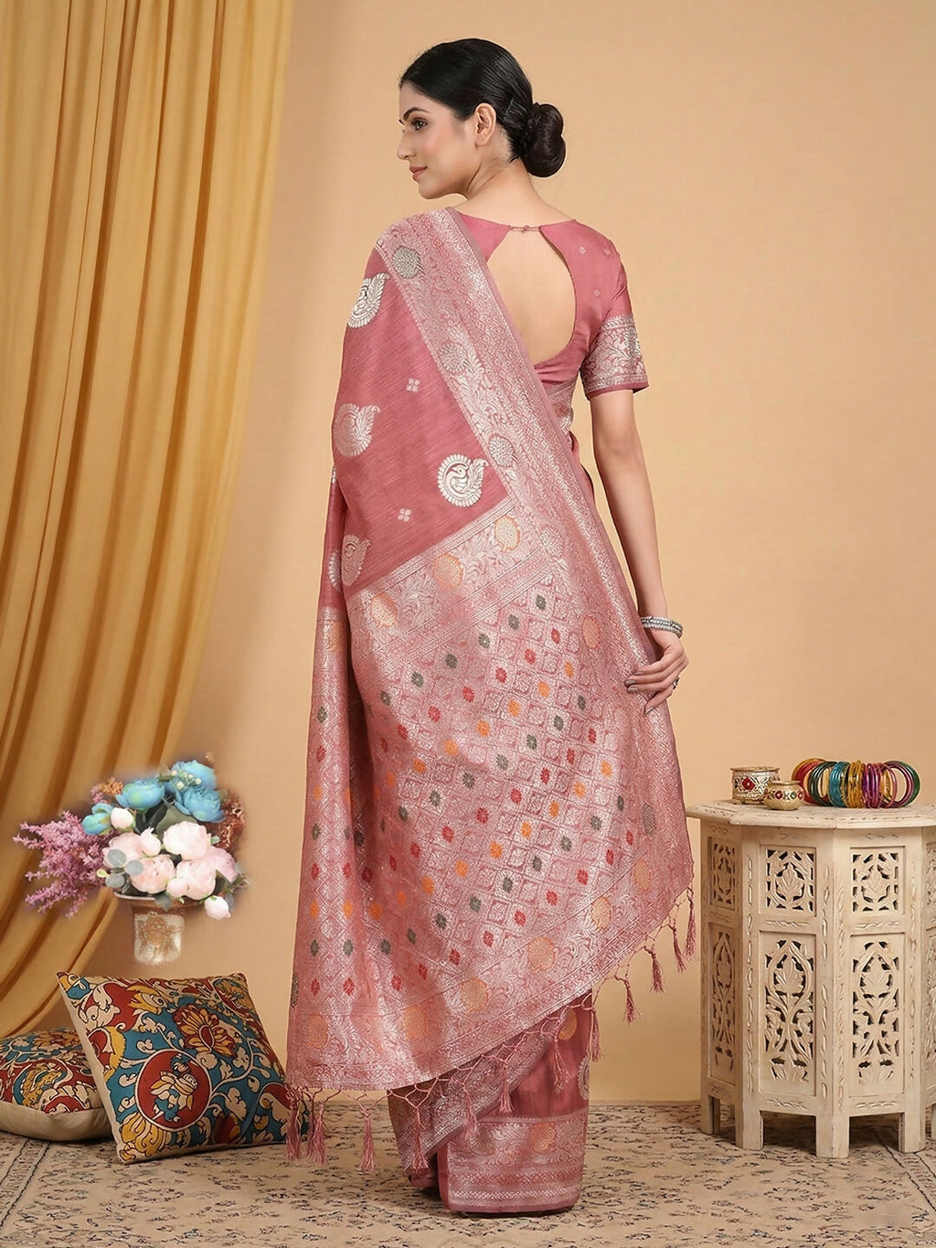 Shree Shyam Fashion Pink Linen Cotton Saree - Distacart