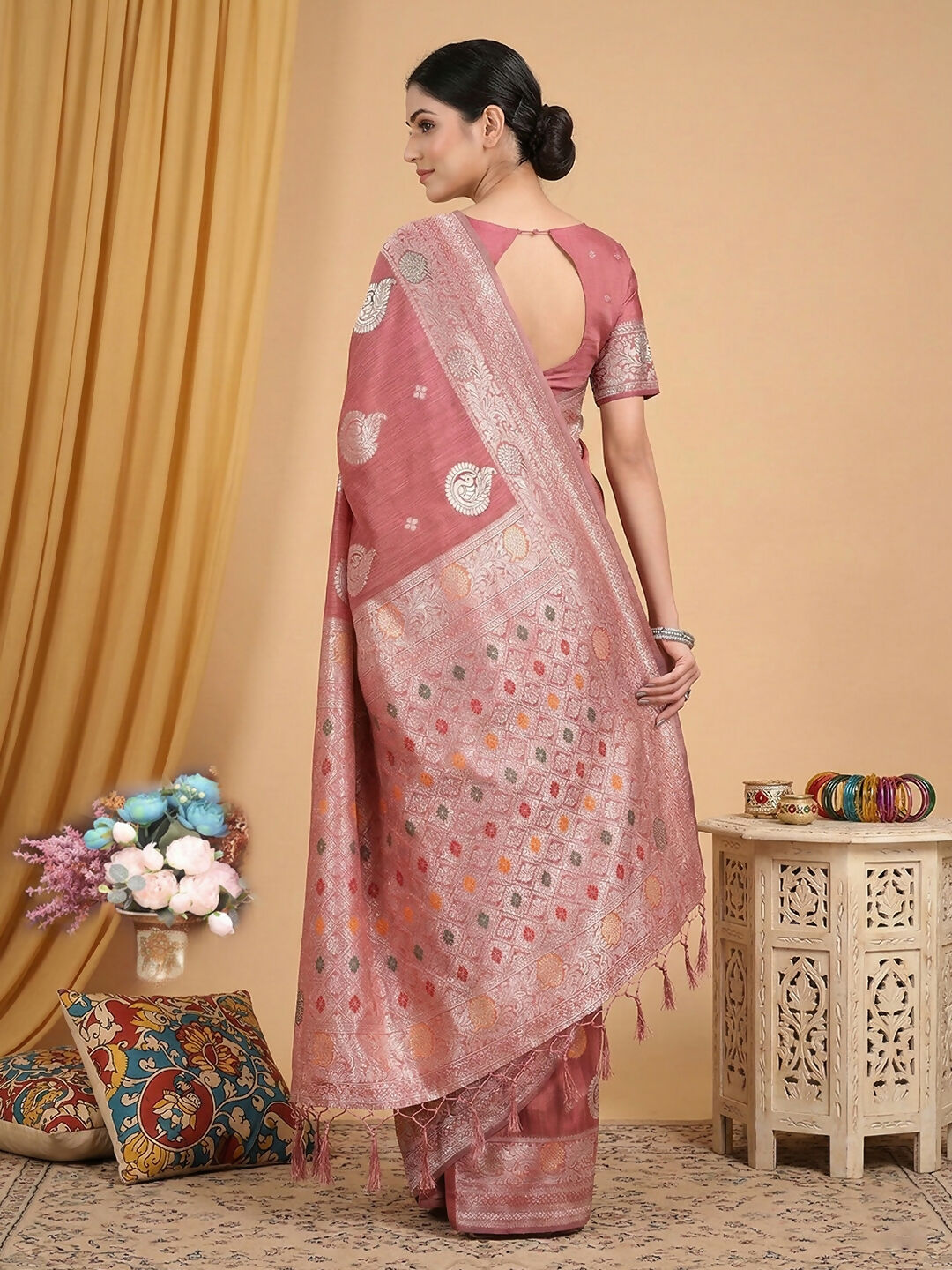 Shree Shyam Fashion Pink Linen Cotton Saree - Distacart