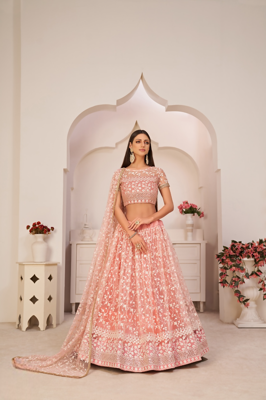 Eilara Women'S Light Pink Butterfly Net Embroidered Thread Work Party Wear Lehenga Choli