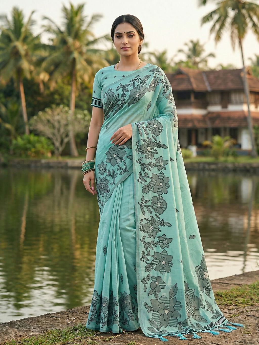 Shree Shyam Fashion Sea Green Linen Cotton Saree - Distacart