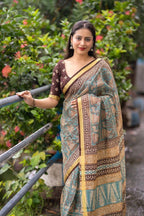 Grey Silk Blend Geometric Saree with Unstitched Blouse - Hiral Fashion