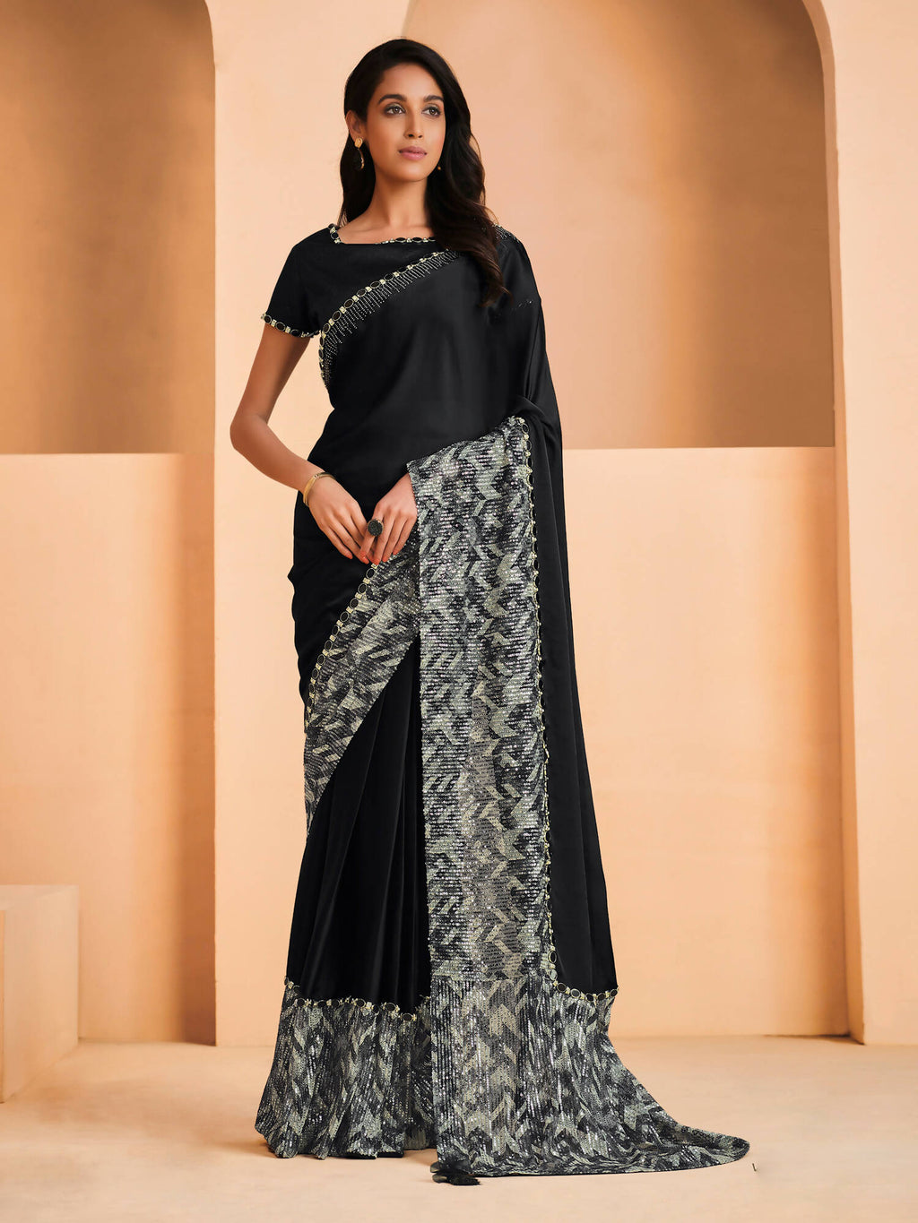 Black Satin Crepe Silk Sequence Embroidered Saree With Unstitched Blouse - Mohmanthan Yavanika
