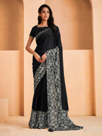 Black Satin Crepe Silk Sequence Embroidered Saree With Unstitched Blouse - Mohmanthan Yavanika