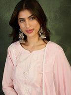 The52 Baby pink Women's Gorgeous Cotton Blend Fabric Thread Work Straight Kurta, Pant and Dupatta Set - Distacart