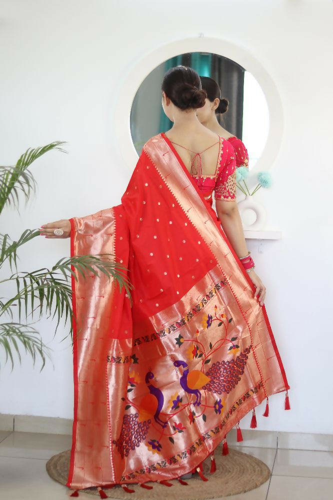 Red Woven Jacquard Designer Embroidery Work Party Wear Saree - Parampara