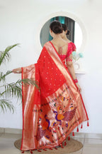 Red Woven Jacquard Designer Embroidery Work Party Wear Saree - Parampara