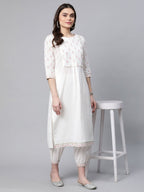 Ahalyaa Women Offwhite Pure Cotton Printed Floral Kurta With Trousers - Distacart