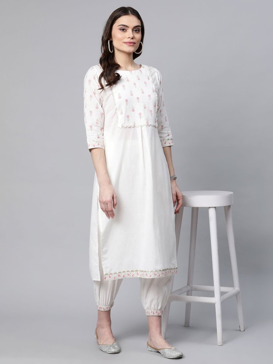 Ahalyaa Women Offwhite Pure Cotton Printed Floral Kurta With Trousers - Distacart