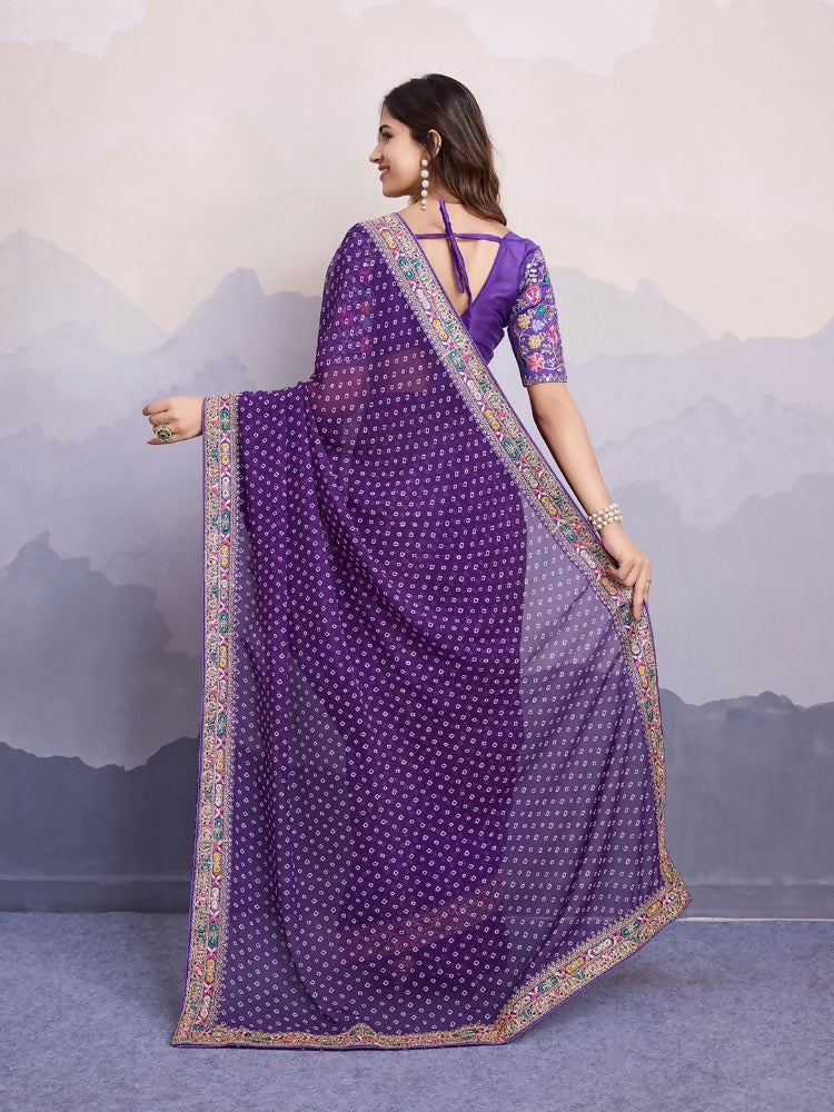 Purple Georgette Bandhani Printed,Embroidery Work Saree - Surkhi