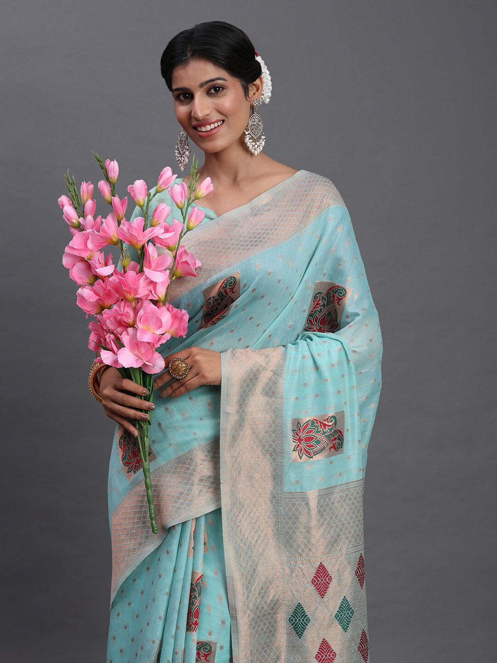 Shree Shyam Fashion Linen Cotton Sky Blue Saree - Distacart