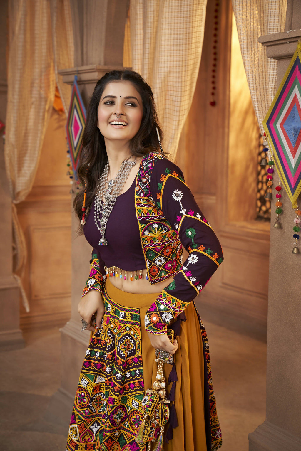 Mustared Yellow Viscose Rayon Thread Embroidered Work With Mirror All Over Navratri Lehenga Choli With Dupatta - Raas
